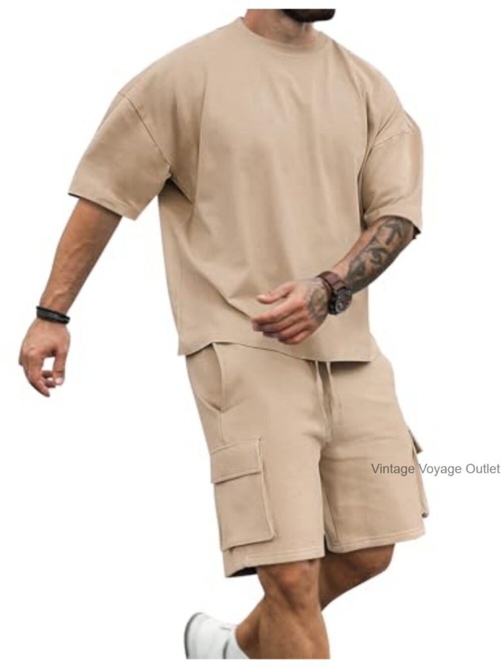 Men's 2 Piece Short Sleeve Tee & Drawstring Cargo Shorts Set - Picture 1 of 5